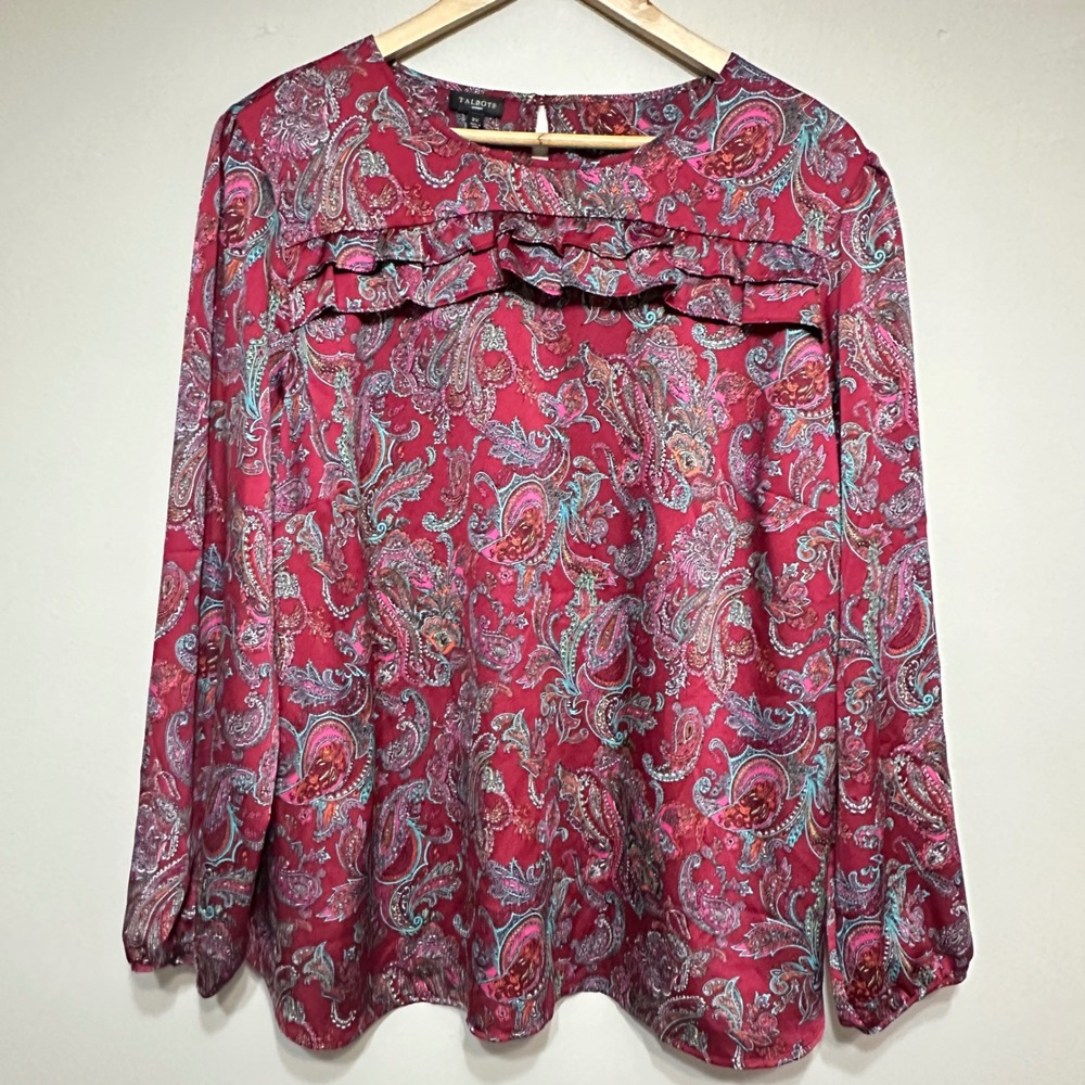 Talbots Woman 2X Paisley Print Ruffle Front Long Sleeve Satin Blouse Top Holiday